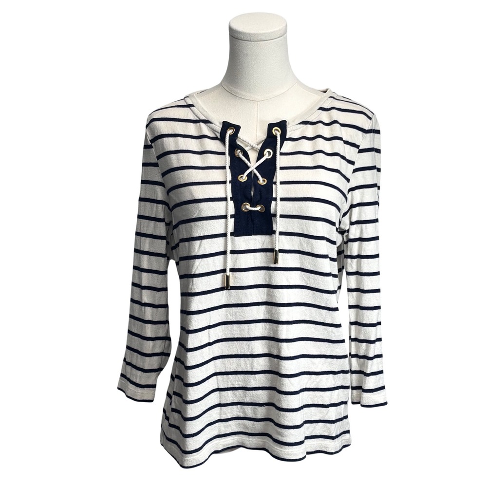 Tory Burch Top White Navy Stripe Lace Up Nautical Preppy Coastal Fisherman M